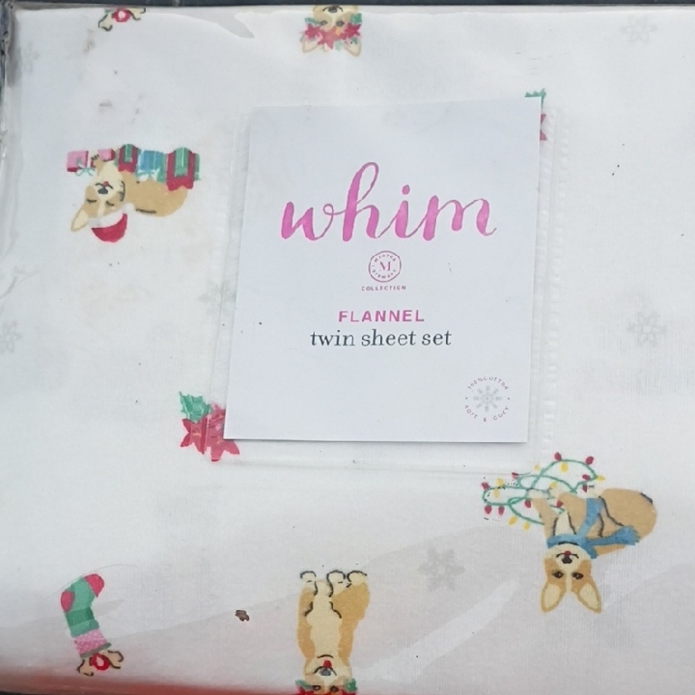 Whim Flannel Twin Sheet Set - White with Christmas Corgi Print
